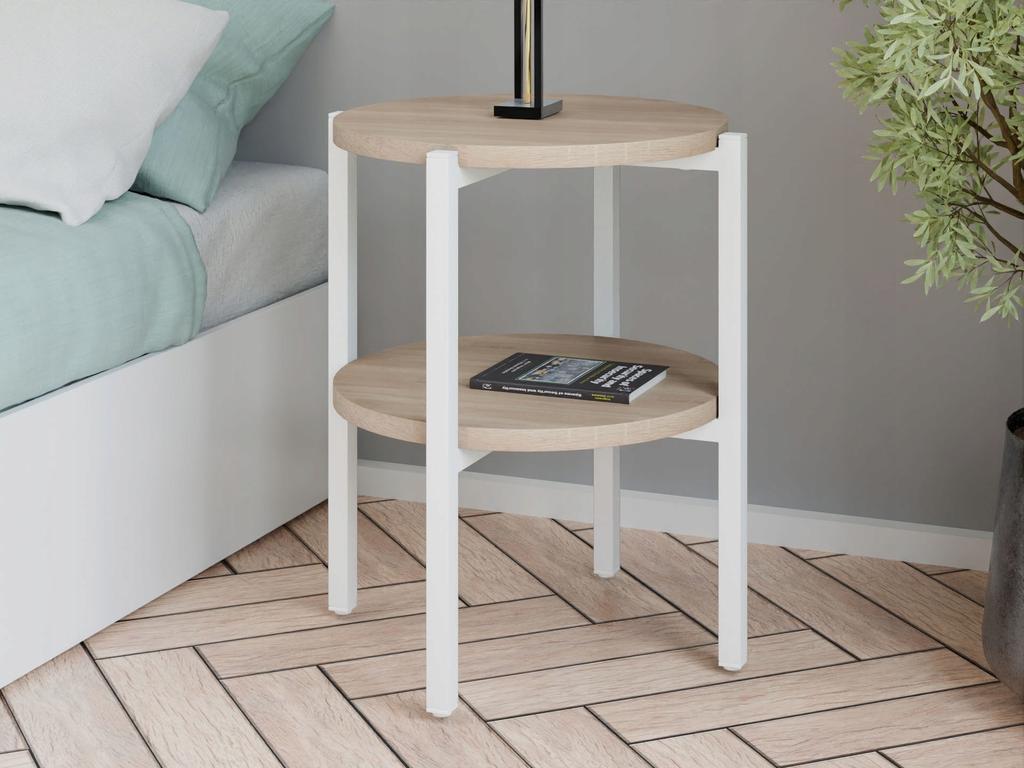Stolik Nocny Okrągły Loft Z Półką 35X35X46 Cm Metalowy Biały