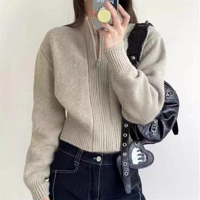 Short design zipper semi-turtleneck knitted cardigan women's small casual simple solid color sweater jacket