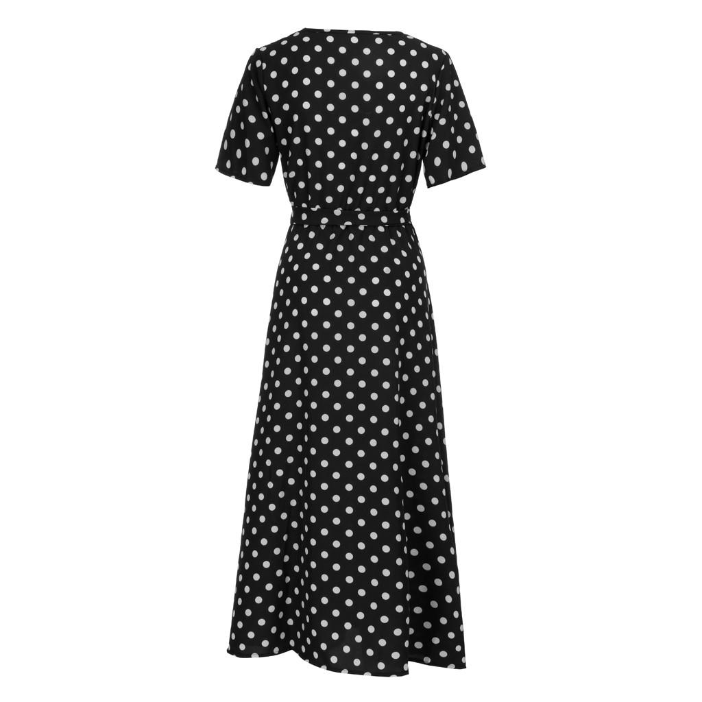 Fashion Women  Short Sleeve Beach Polka Dot Bandage Long Maxi Dress
