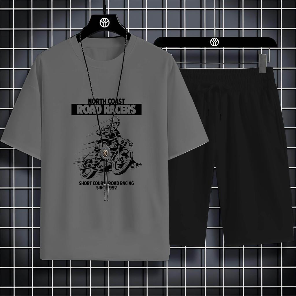 Summer Round Neck Men'S Outdoor Casual 2d Motorcycle Print Loose Comfortable Breathable Short Sleeve T-Shirt Beach Set T-Shirt