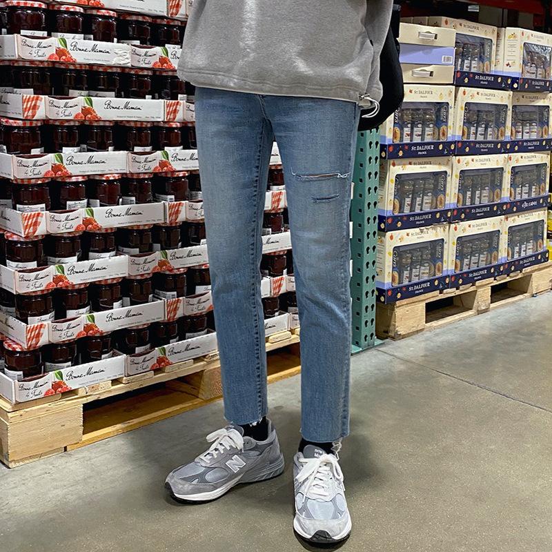 Men's Jeans Spring Slim-Fit Straight Casual Pants High Street Ripped Nine-Point Pants Tide