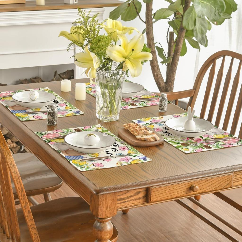 Hase Kaninchen Blume Bunt Eier Ostern Tischsets 4er Set, Druckmuster Tischmatten für Party Küche Esszimmer Dekoration
