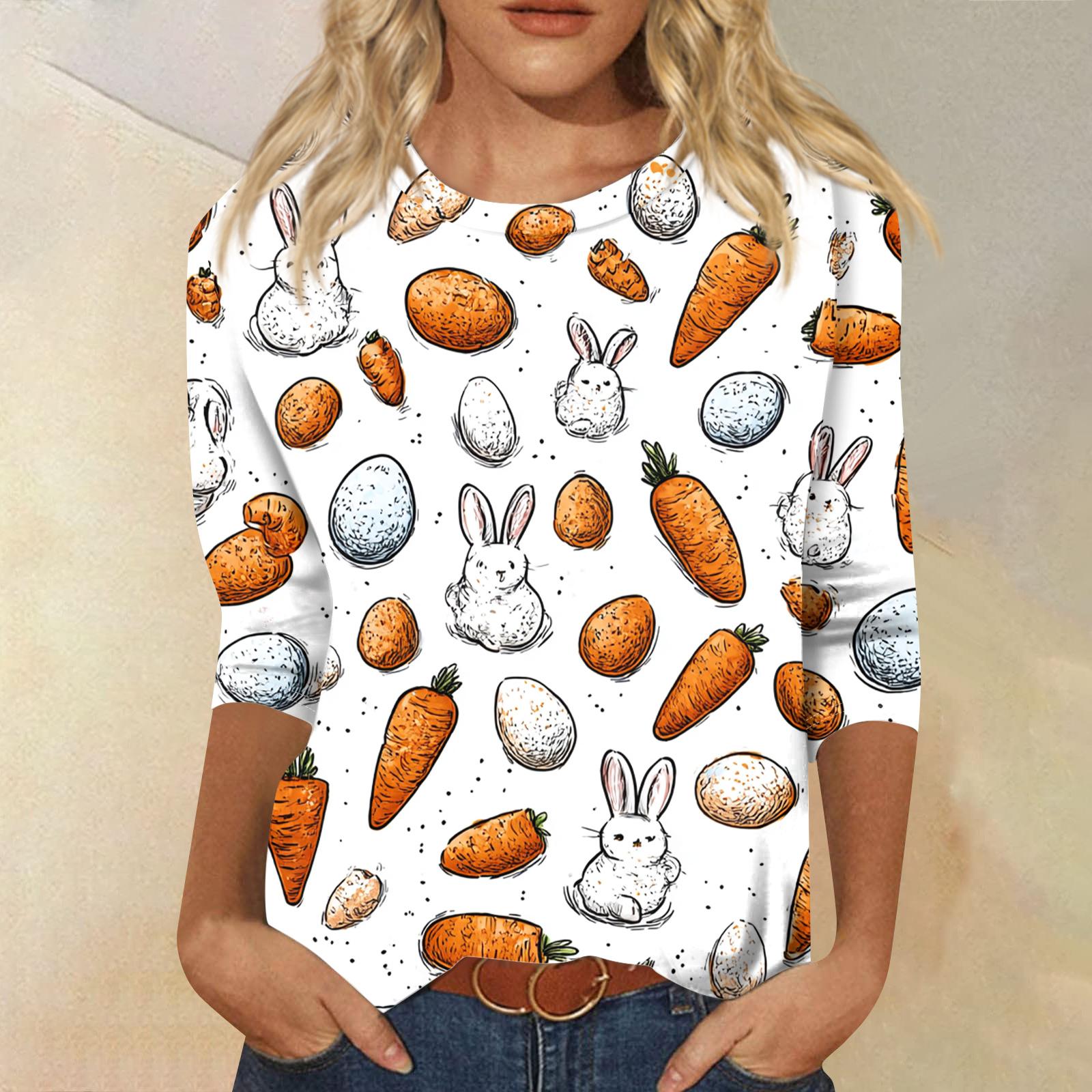 

Women s Fashionable Casual Round Neck Three-Quarter Sleeve Easter Print T-Shirt Top XL білий