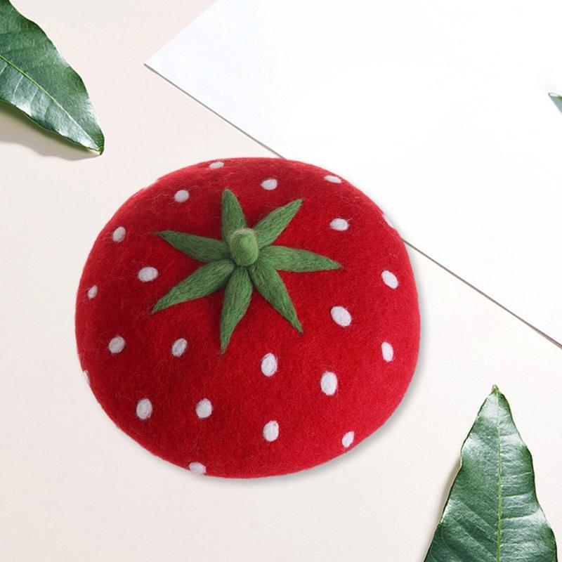 Warm Wool Felted Beret Hat Strawberry Pattern Hat Unisex Soft Elegant Hat for Outdoor Fashion