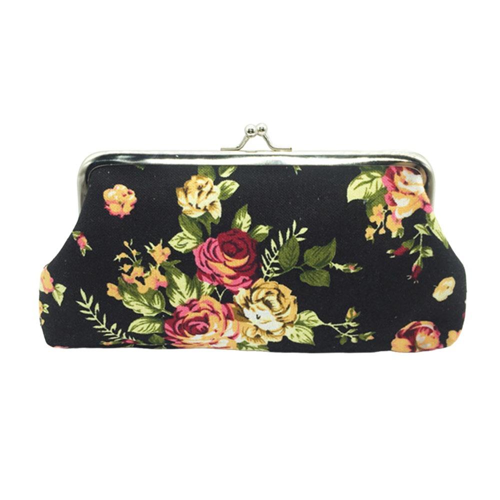 Fashion Canvas Coin Purse Rose Floral Print Long Credit Card Holder Metal Hasp Change Pouch for Women