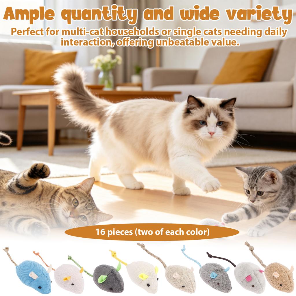 16Pcs Interactive Cat Mice Toy Funny Plush Cat Mouse Toy Realistic Cat Scratch Mouse Toy Pet Supplies for Indoor Kitten 8 Colors