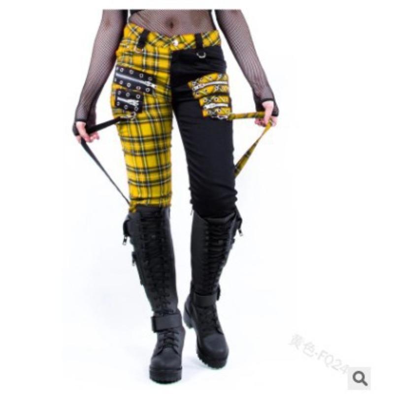 women s Punk Plaid Patchwork Lace‑Up Slim Fit Skinny Casual Pants Streetwear Trousers S жёлтый
