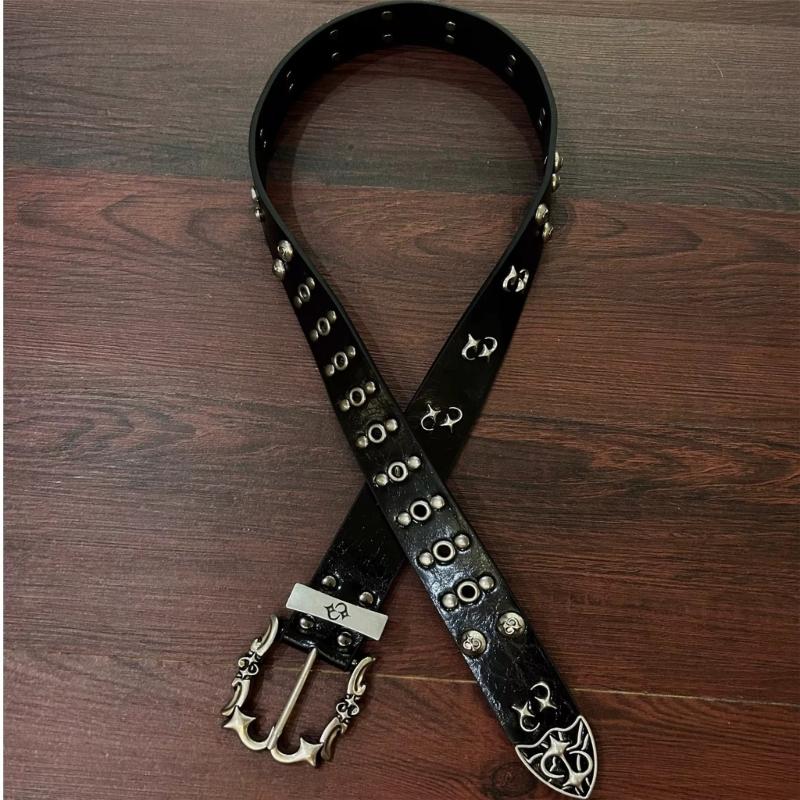 Gothic Studded Belt for Women Slightly Adjustable Clasp Double Row Hole Nonslip Design PU Leather Waistband