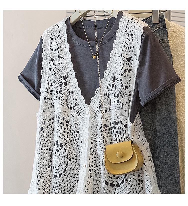 Elegant Plus Size Women's Floral Crochet T-Shirt and Vest Set - Korean Design