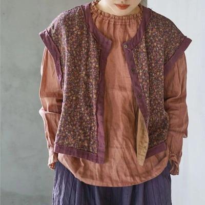 Γυναικεία στάμπα Floral βαμβακερά γιλέκα Παλτό με κουμπιά O-neck Άνοιξη κινέζικου στιλ υψηλής ποιότητας Γυναικεία φαρδιά γιλέκα παλτό