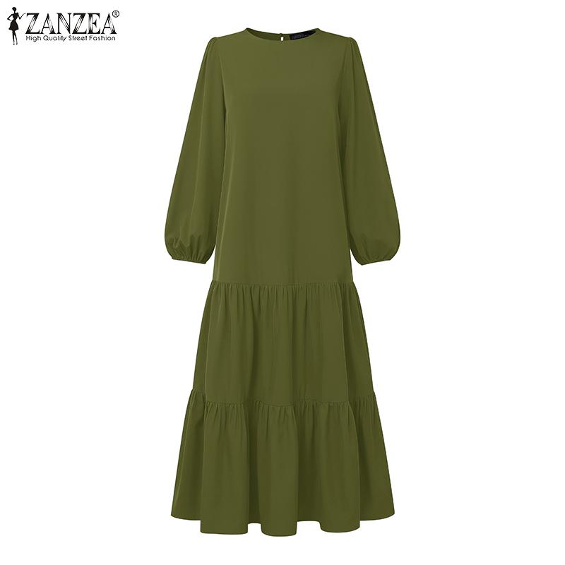 ZANZEA Women Casual Round Neck Loose Long Sleeve Long Dress