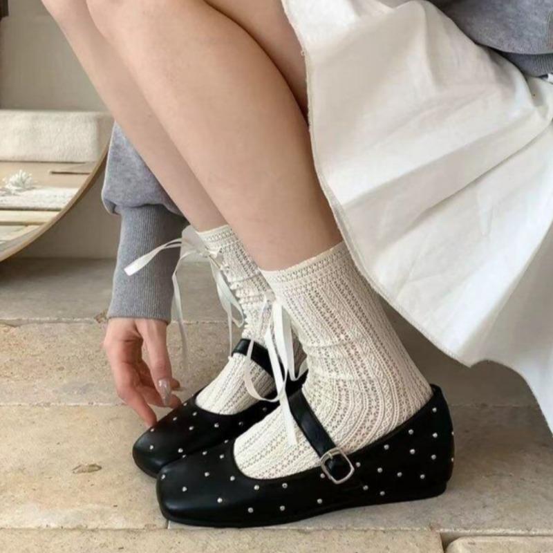 Fashion Spring New Flat Shoes Women Square Head Shallow Mouth Rivets A Word Buckle Soft Sole Anti-slip Wear-resistant Single Shoes
