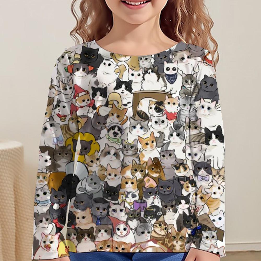 Cartoon Cat Print Kids Girl Clothes Long Sleeve Children Spring Summer Clothes Casual Kawaii Child Girl T-Shirt O-Neck Cute Tops