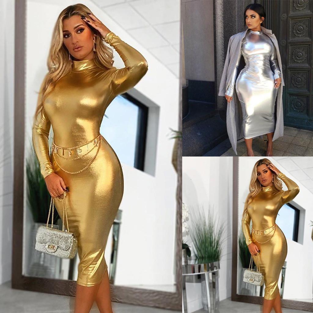 

женщины Мода Сексуальная Hight воротник Твердые Длинные рукава Тонкий Середина икры платье