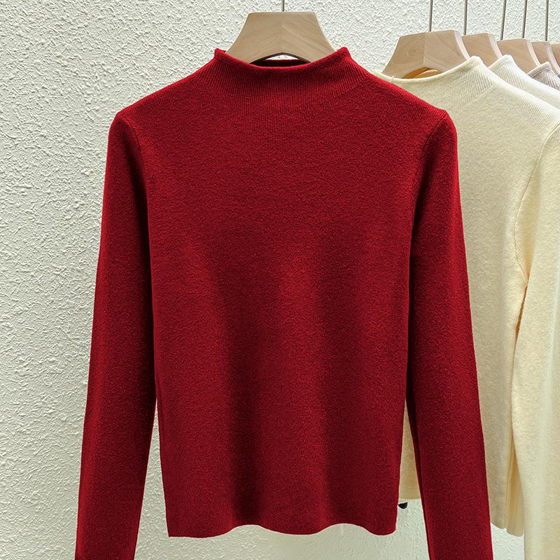 Half Turtleneck Knitted Base Shirt for Women New Autumn and Winter Thin Solid Color Inner Long-sleeved Top