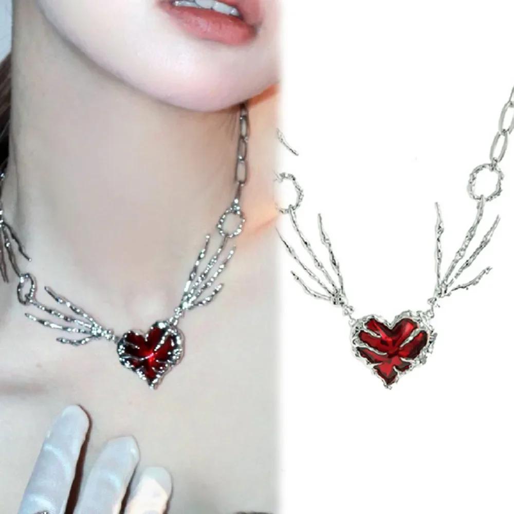 Cross Heart Red Stone Hand Bone Pendants Choker Chain Necklace Ins Punk Goth Charm Korean Men Women Y2K EMO Accessories Jewelry