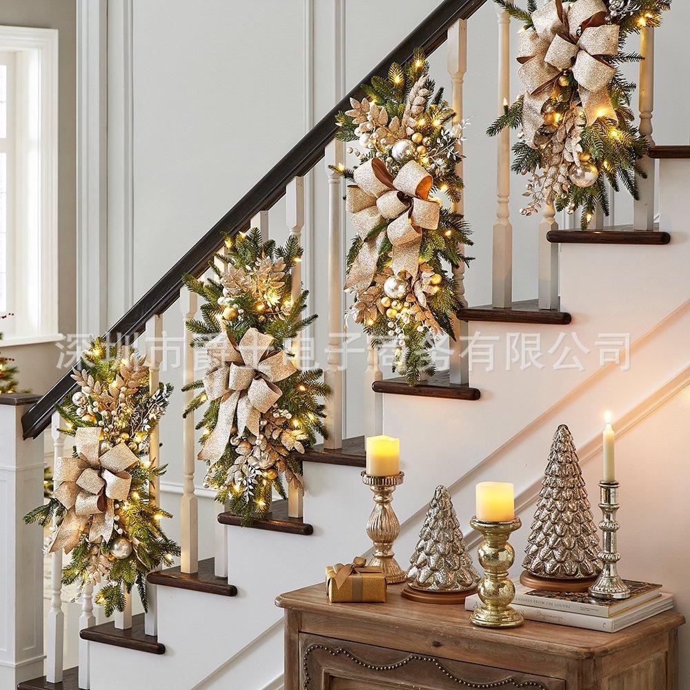 Christmas wreath, red bow, white pine cones, Christmas stair decoration, wreath30CM Lighted pendant
