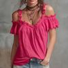 Women Tops Shoulder Straps Design Off Shoulder Ruffle Collar T-shirt Pure Color Loose Fit Short Sleeve Summer Tops