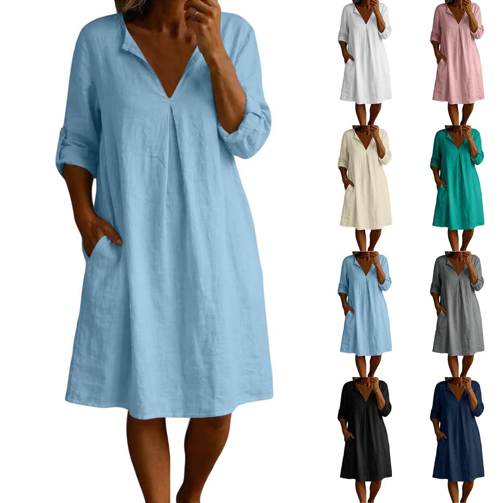Women Casual Loose Fit V Neck Cotton Linen Dress with Three Quarter Sleeves and Side Pockets for Daily Wear Comfortable Style