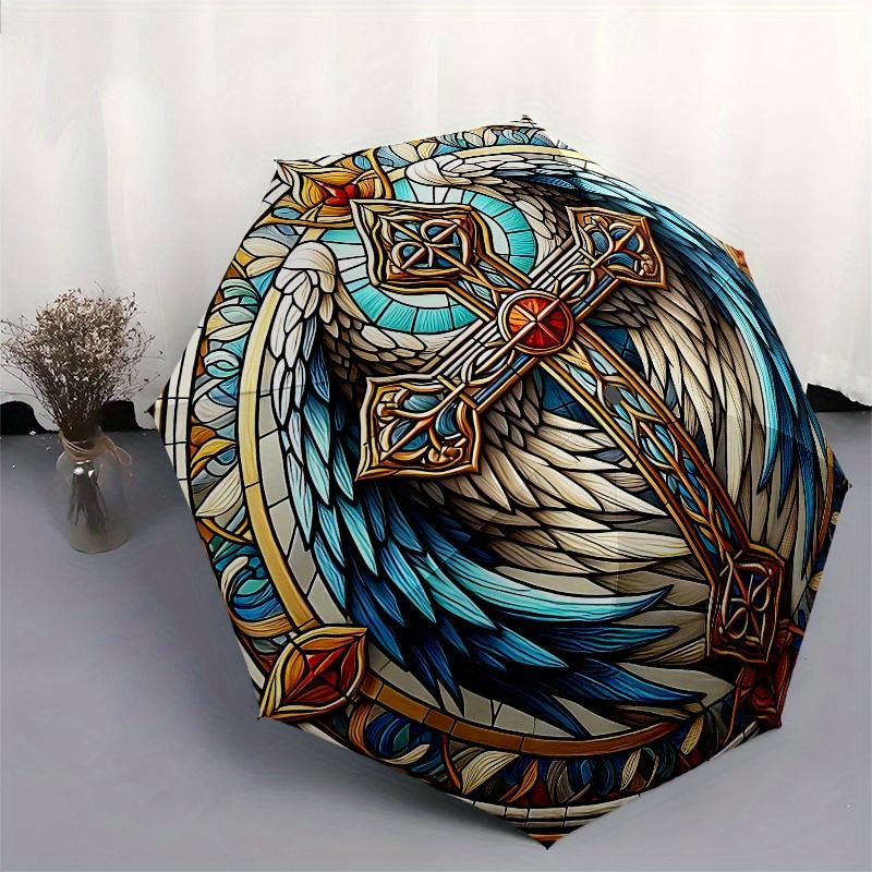 Stained Angel Wings Cross Art PrintUmbrella, Portable 3-Fold Compact Umbrella for Men & Women Gift