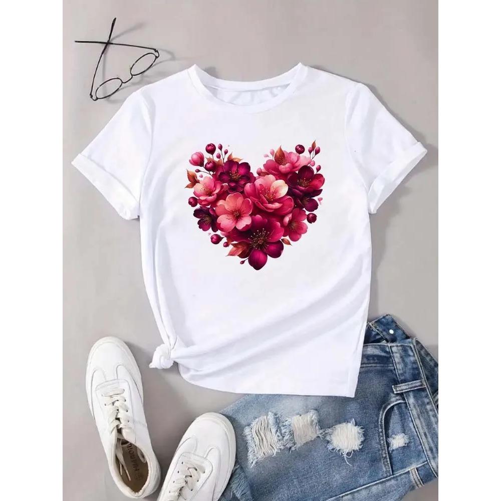Women's Heart Floral Pattern Printing T-shirt Summer Woman Clothing Round Neck Short Sleeve T-shirt Tops