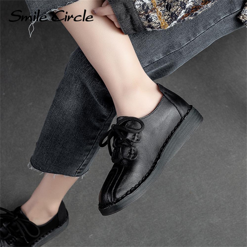Natural Leather Women's Flat Shoes Lace-up Round Toe Casual Shoes Fashion Retro Work Shoes