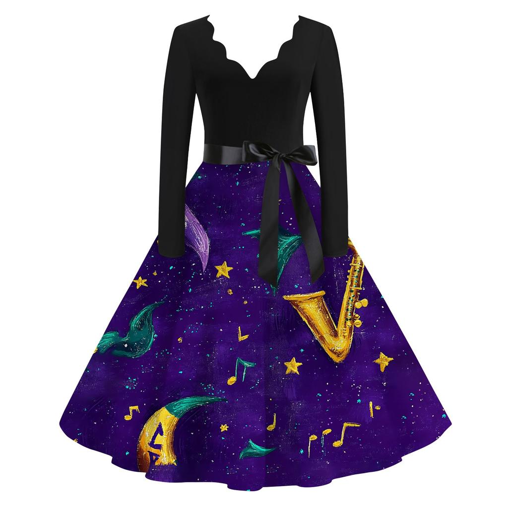 Women's Casual Fashion V-Neck Long Sleeve Carnival Print Vintage  Dress