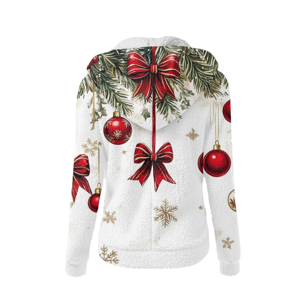 Damska modna bluza z nadrukiem, luźna, z kapturem, pluszowa, zapinana na zamek kurtka