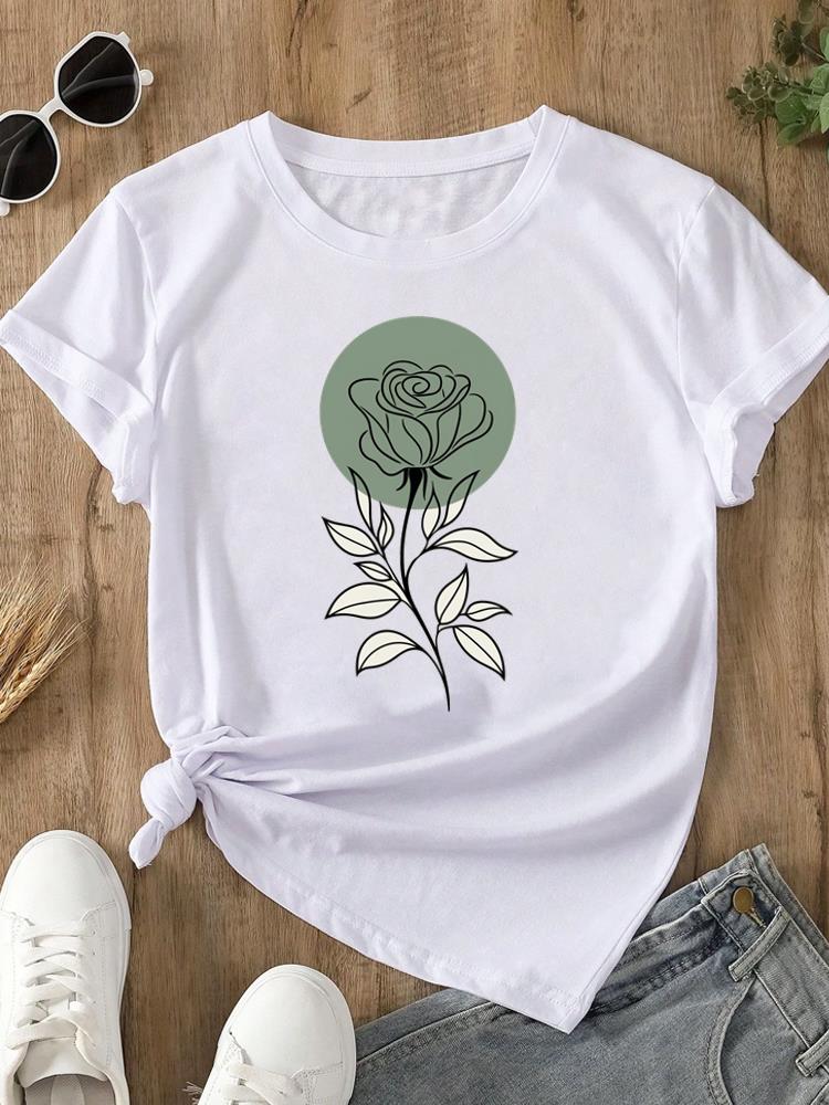 (Asian Size) sweet plant flower Print O-neck Short Sleeve T-shirts Fashion  Casual Women's Top T Female Clothing  Graphic Tee