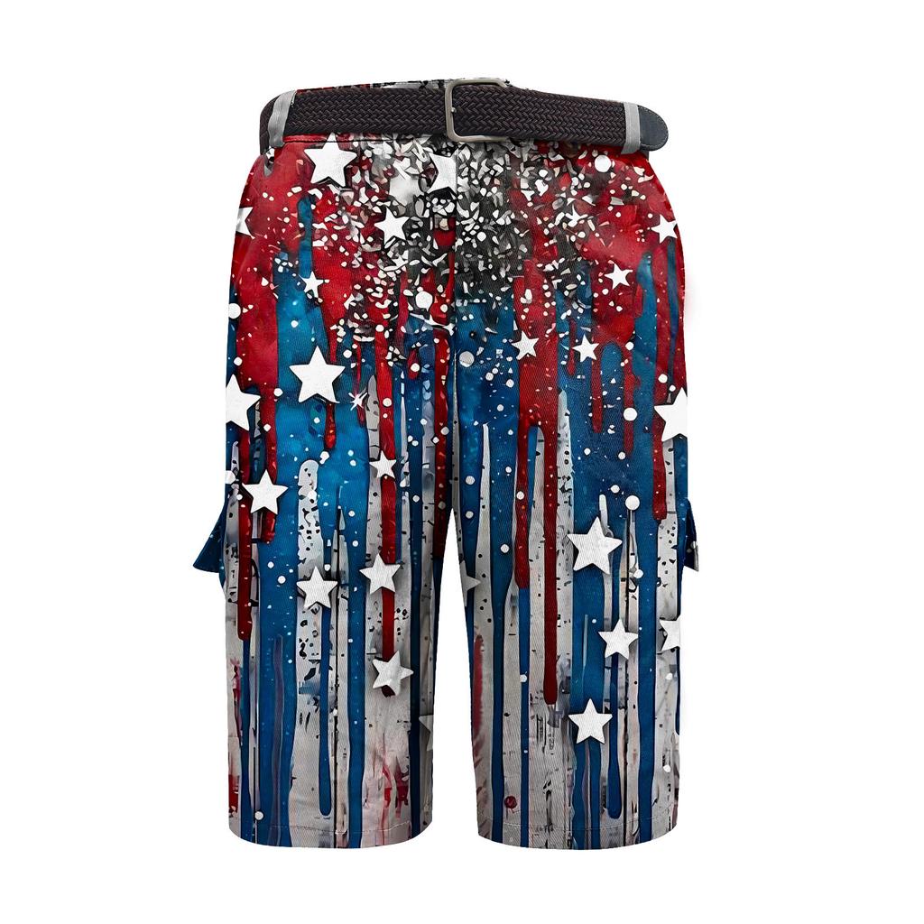 Pantaloni scurți de lucru pentru bărbați cu imprimeu Ziua Independenței și buzunare multiple