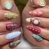 24PCS Short Oval Press On Nails Cute Colorful Flowers False Nails Wearable Blue Plaid Stripes Sweet Ins Fake Nails Acrylic Tips