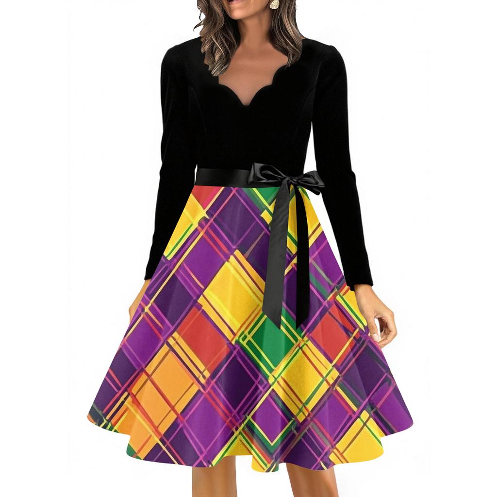 Women's Casual Fashion V Neck Long Sleeve Printed Vintage Long Dress