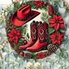 Vintage Red Cowboy Boots Christmas Wreath Tin Metal Wall Art 8 Inch Round Retro Bar Decor