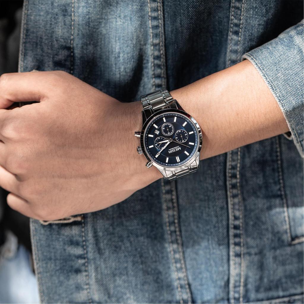 MEGIR Luxury Business Quartz Watch for Men Stainless Steel Strap Luminous Date Waterproof Male Casual Wristwatch Chronograph Clock 2150