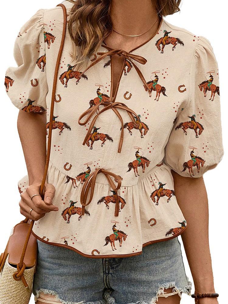 2025 Summer Women's Printed Bow Tie Short Sleeve Round Neck Top - European & American Fashion Trend