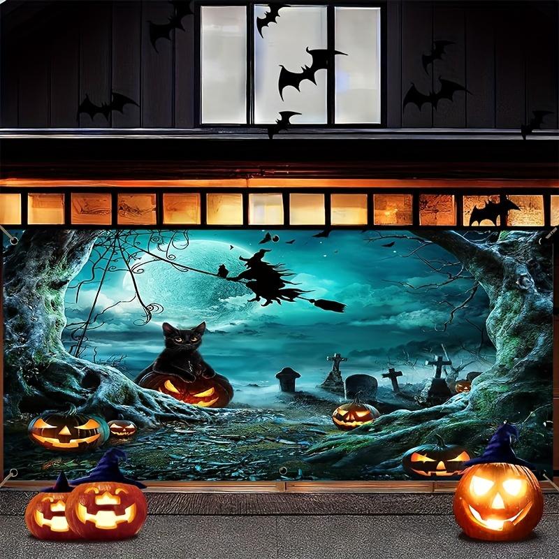 A Halloween garage door polyester banner decoration with a witch and ghost theme a festive party wall decoration