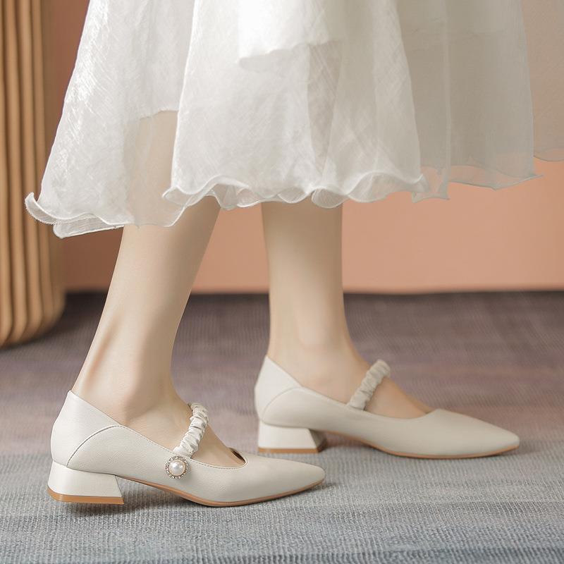 Lightweight Pointed Toe Genuine Leather Single Shoes 3 Cm Shoes Without Grinding Feet for Girls' Office Etiquette Wear Soft Sole Korean Version