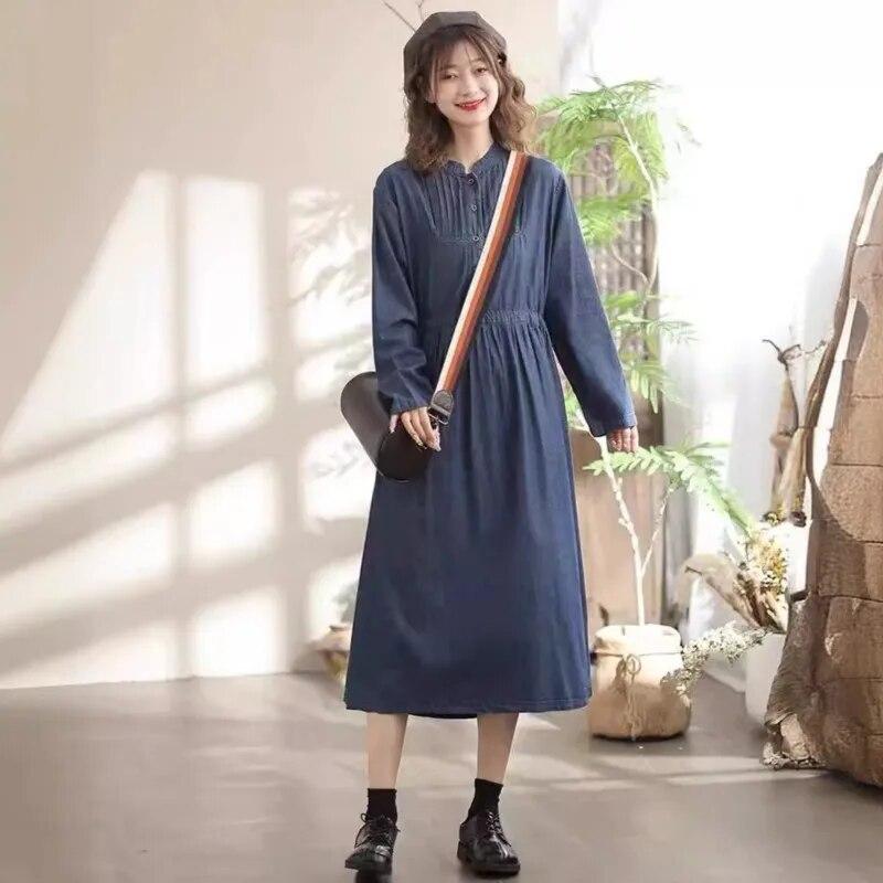 

Johnature женские винтажные хлопковые платья со складками и длинными рукавами, весенние мягкие женские повседневные платья в японском стиле