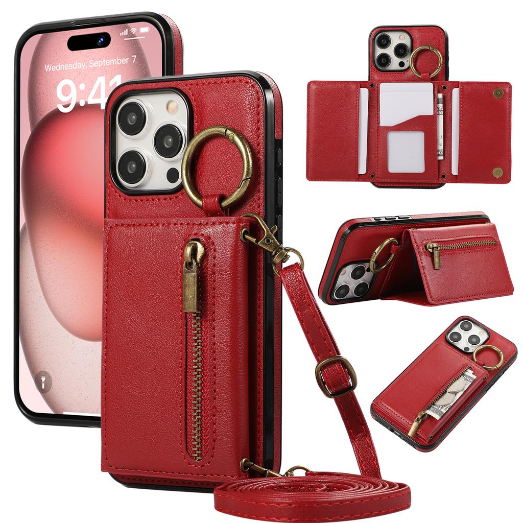 For iPhone 16 Pro Max Leather Back Cover Zipper Wallet Kickstand Phone Case with Shoulder Strap