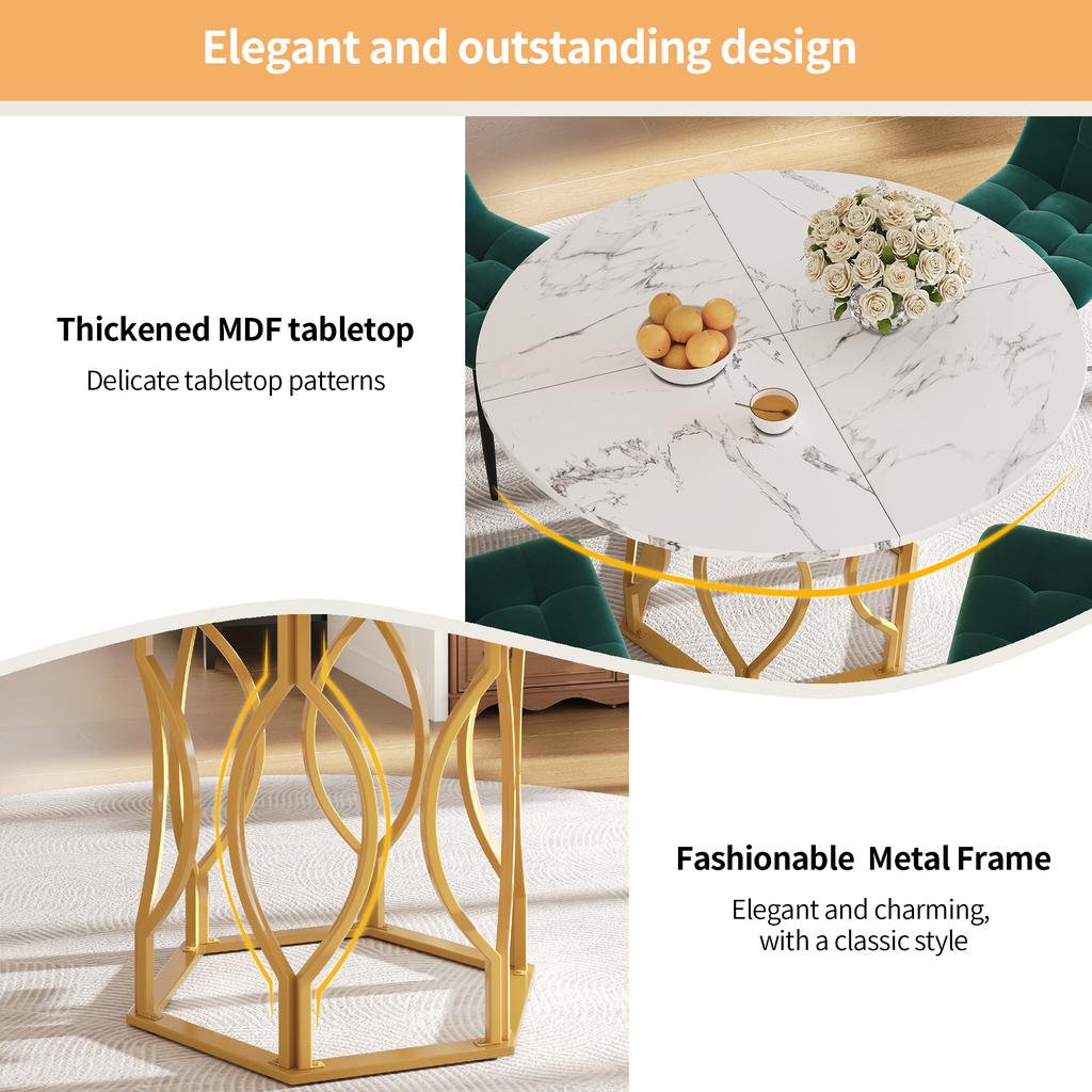 Esstischset (5-teilig), runder Esstisch mit 100 cm Durchmesser und goldenen Metallbeinen, weiße MDF-Tischplatte, Essstühle aus dunkelgrünem Samt