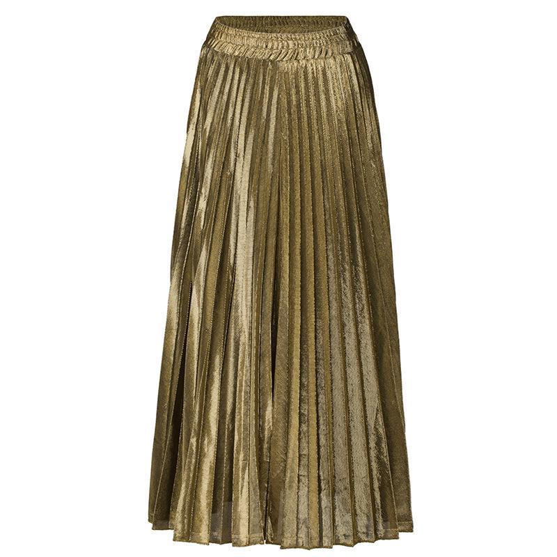 2020 Spring/Summer Pleated Midi Skirt: Plus Size High Waist Gold Beach Dress for Women