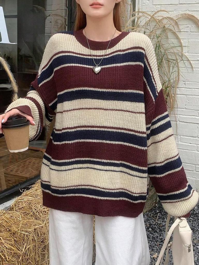 Women's Winter Retro Striped Sweater - Color Block Round Neck Pullover, Casual Loose Knitwear