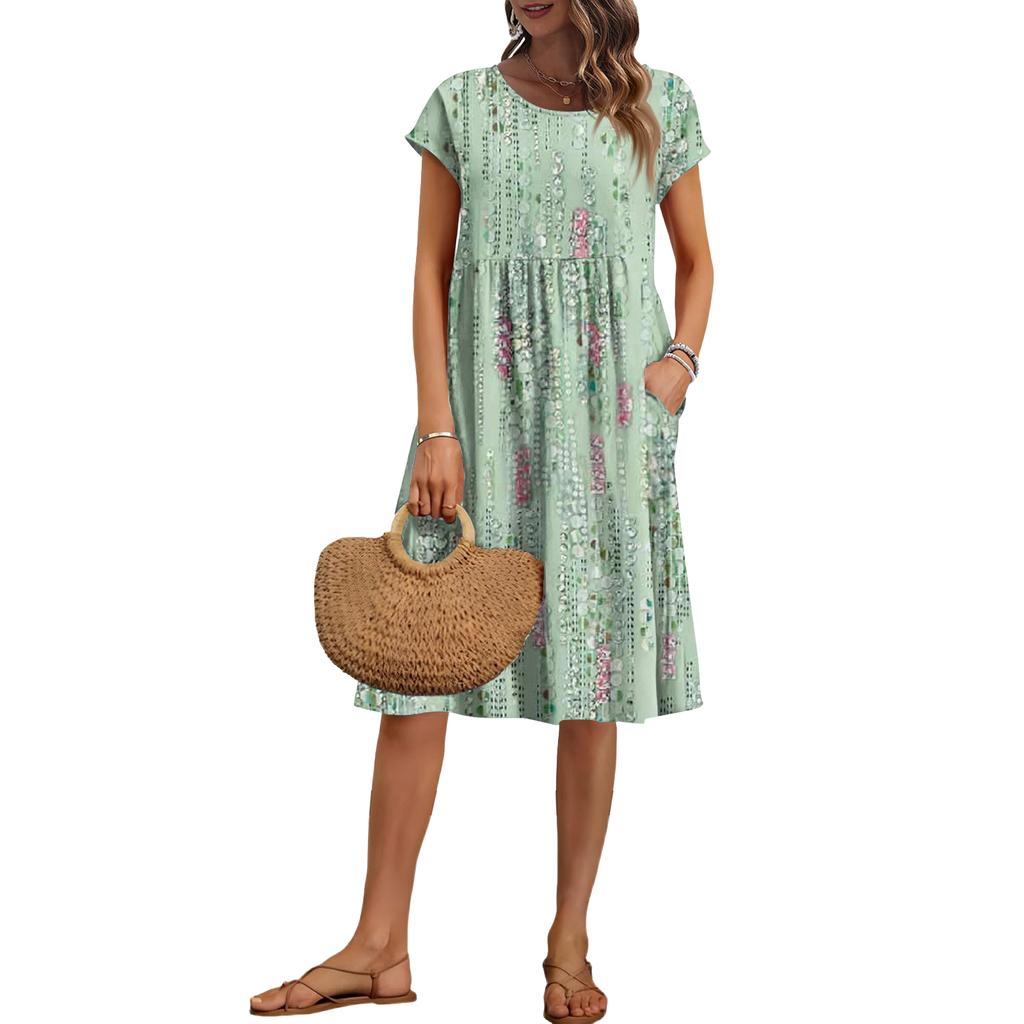 Women's Summer Fashion Casual Round Neck Short Sleeve Floral Print Dress