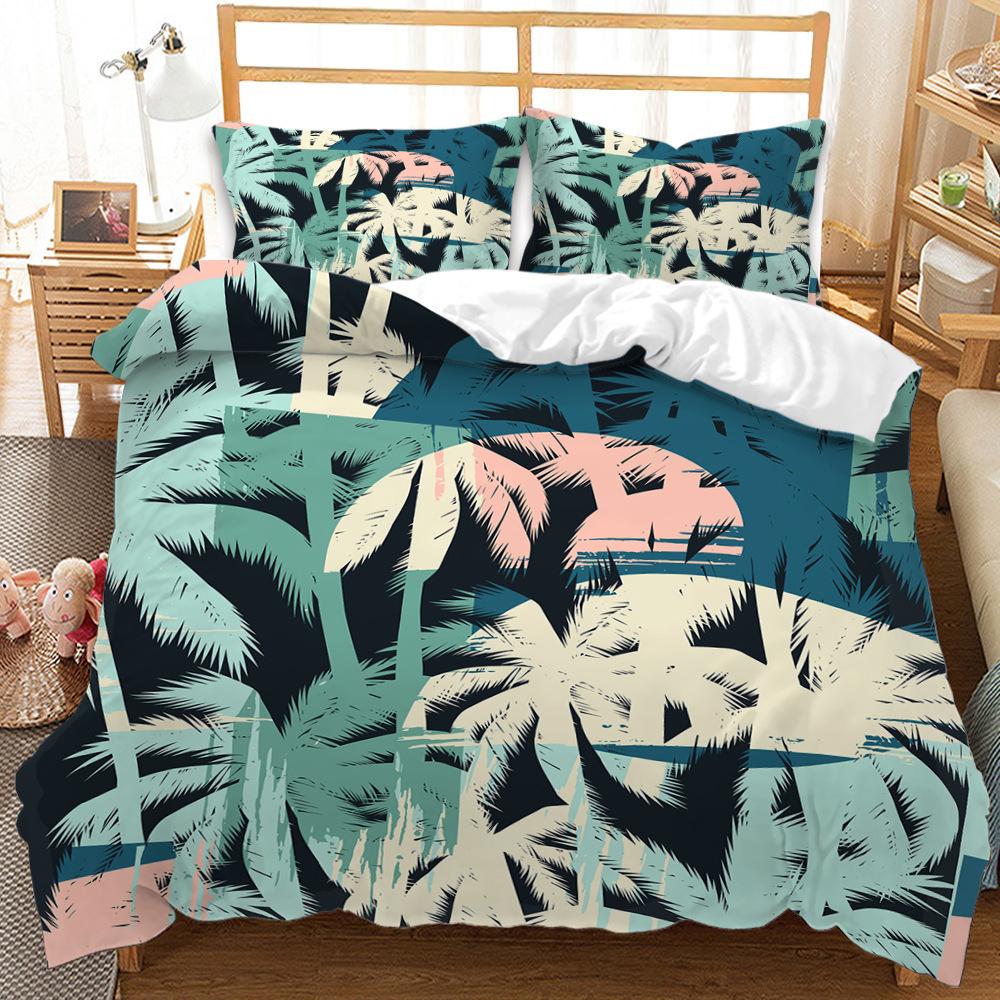 3D Digital Simple Cartoon Plant Quilt Cover Coconut Tree Print Three-Piece Digital Kit
