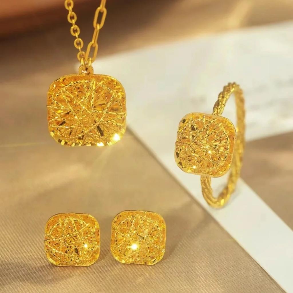 Zhou'S Same Cnc Brushed Small Sugar Cube Ring, Flash Rock Sugar Necklace, Light Luxury Flower Silk Hollow Stud Earrings Set, Women
