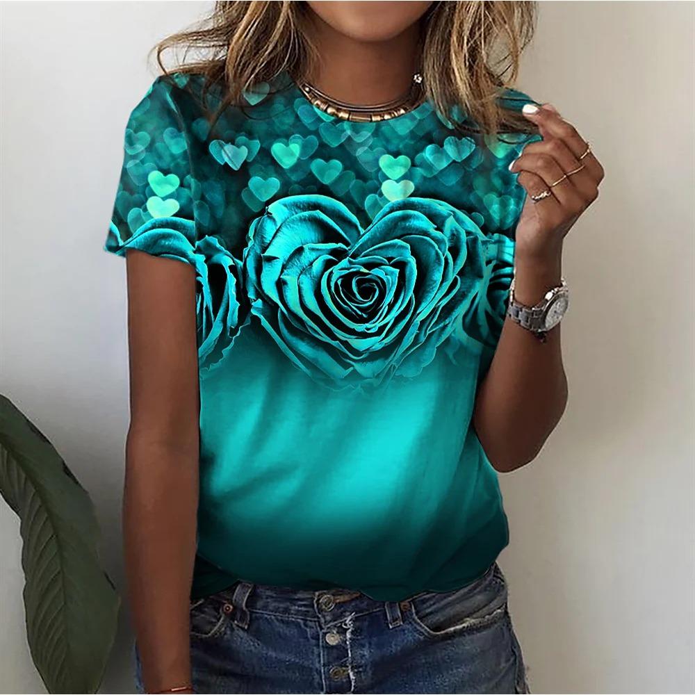 Round Neck 3D Flower Printed Top Fashionable Casual Short Sleeved Women's T-shirts - Soft Medium Stretch Polyester Fabric Summer Relaxed Fit Clothing