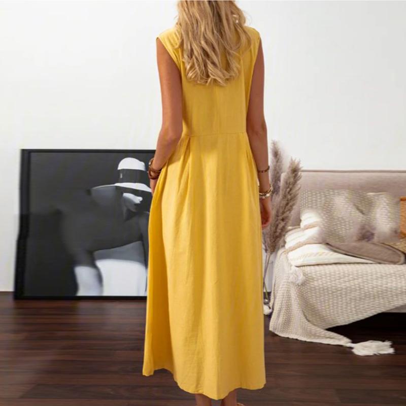 Vintage Casual Sleeveless Lapel Button Dress Women Cotton Linen Solid Long Dress 2022 Elegant Slim Lady Party Dress Cover Up