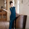 Blue Cheongsam 1011 New Women's Chinese Style Improved Sleeveless Embroidery Solid Color Cheongsam Daily Retro Style High Sense