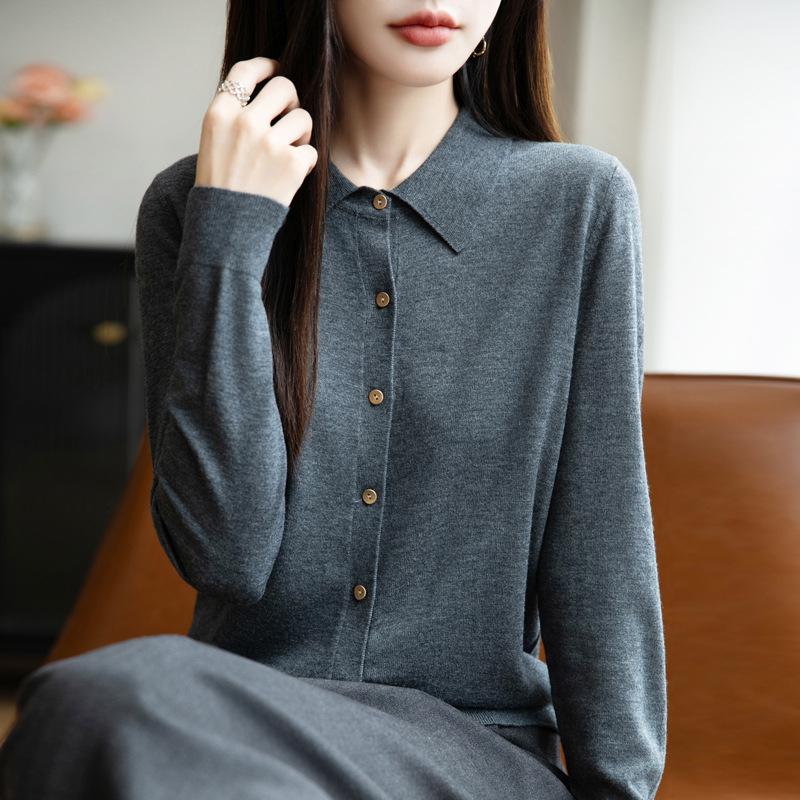 Damen Strickjacke für den Frühherbst: Polo-Kragen Langarm Pullover-Top