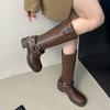 Kitten Heel Single Boots Women's Autumn New Square Toe Rivet Metal Buckle Anti-slip Wear-resistant Block Heel Mid-leg Boots